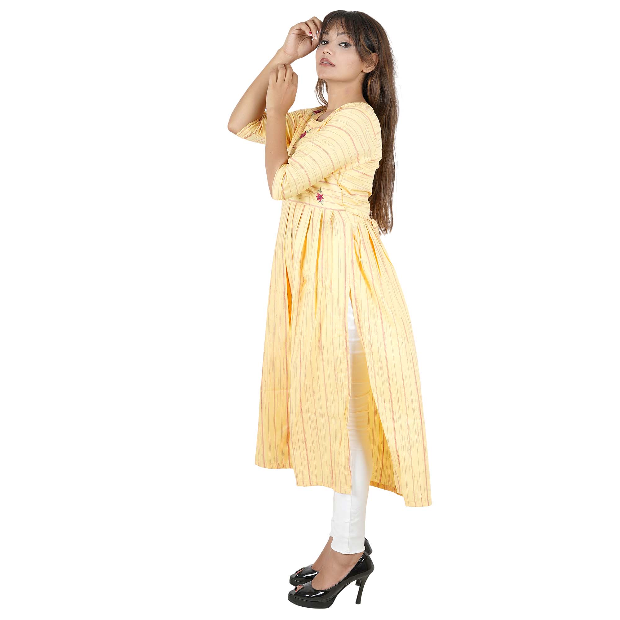 AP001 0050 Women Light Yellow Pink Flower Thread Work Frock Kurta